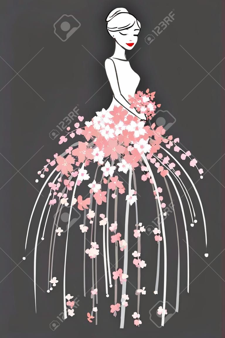 Art sketching of beautiful young bride with pink flowers. Vector illustration, on dark background.