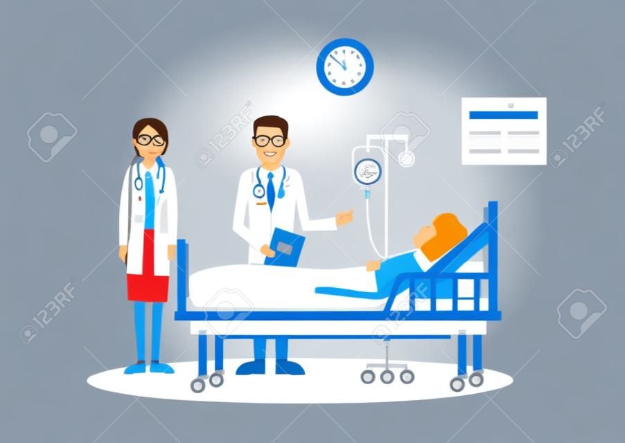 O paciente está no médico e internado no hospital. Ilustração vetorial.
