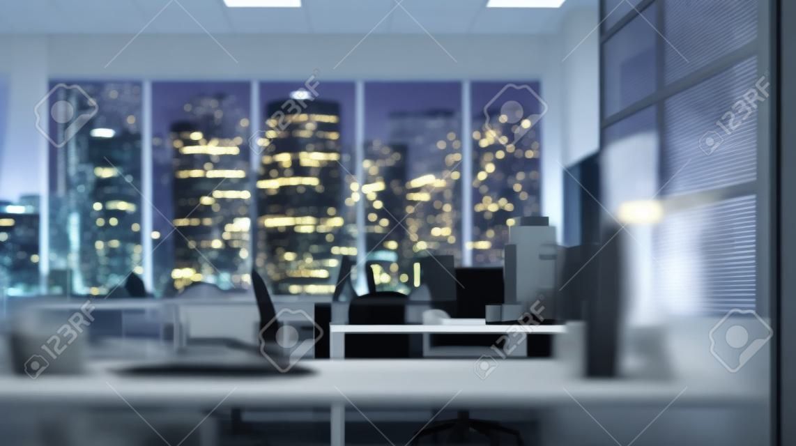 Estação de trabalho de escritório moderna com suprimentos e espaço de cópia em mesa elegante sobre luzes noturnas de arranha-céus desfocadas vista no fundo al gerado