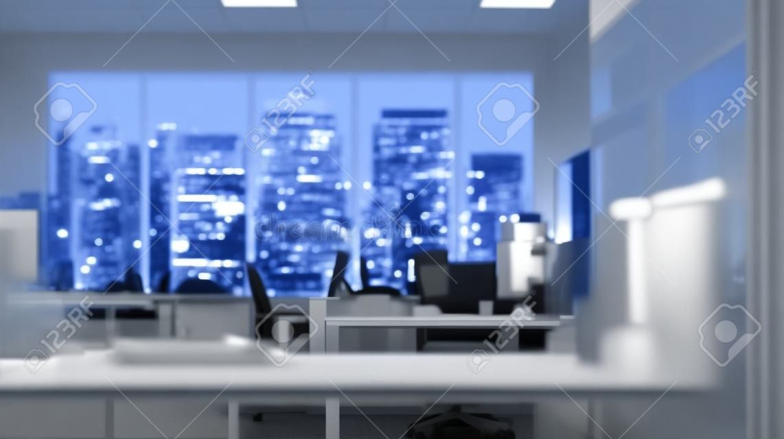 Estação de trabalho de escritório moderna com suprimentos e espaço de cópia em mesa elegante sobre luzes noturnas de arranha-céus desfocadas vista no fundo al gerado