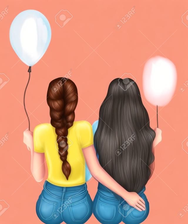 Couple of girls sitting on a bench and hugging. Back view. Cartoon.