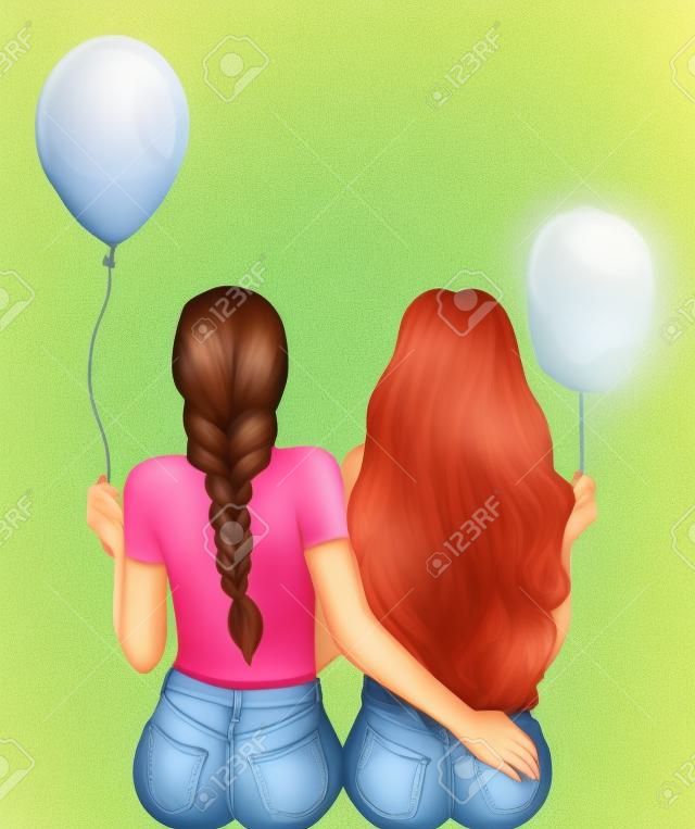 Couple of girls sitting on a bench and hugging. Back view. Cartoon.