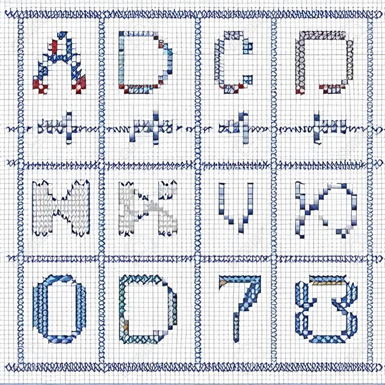 Vector set of cross-stitched letters. Embroidering alphabet.