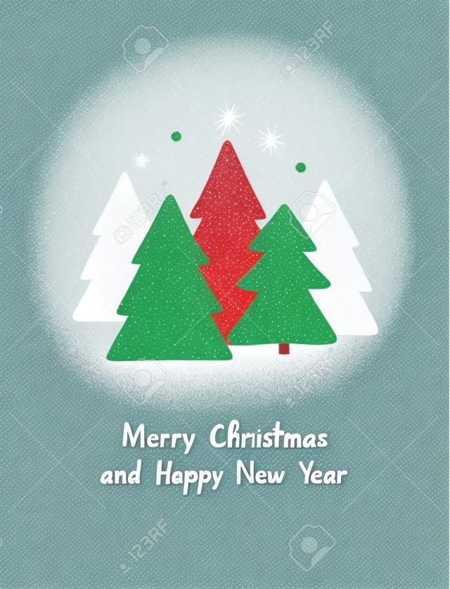 メリークリスマスと明けましておめでとうございます。ベクトルグリーティングカード。スカンジナビアのクリスマスハンドはかわいいクリスマスツリーを描いた