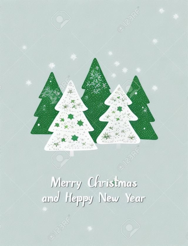 Merry Christmas and Happy New Year. Vector greeting card. Scandinavian Christmas hand drawn cute Christmas trees
