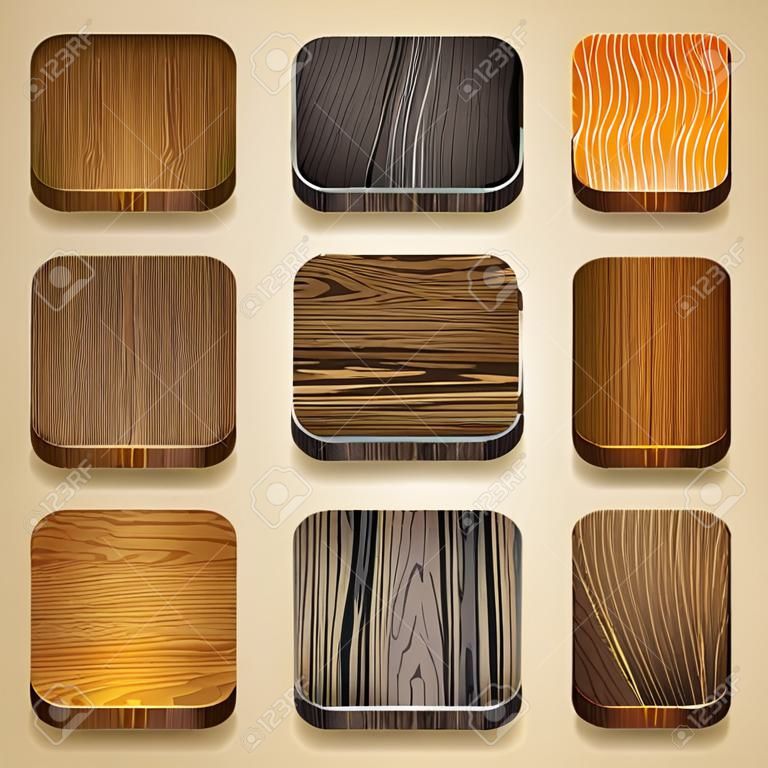 Conjunto de vetores de ícone de aplicativos com textura de madeira