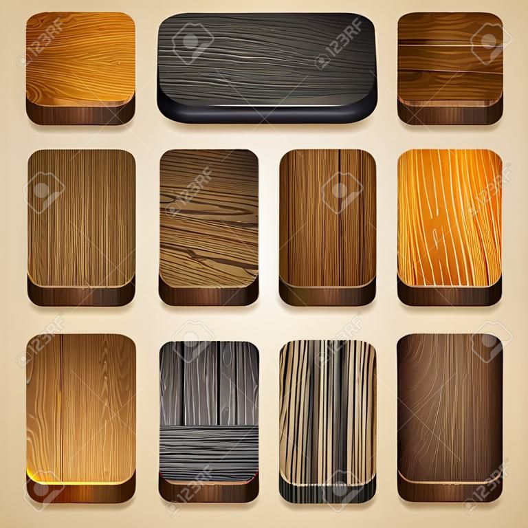 Conjunto de vetores de ícone de aplicativos com textura de madeira