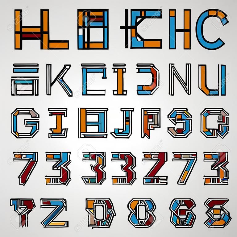 Alphabet Buchstaben und Zahlen in Maya-Stil.