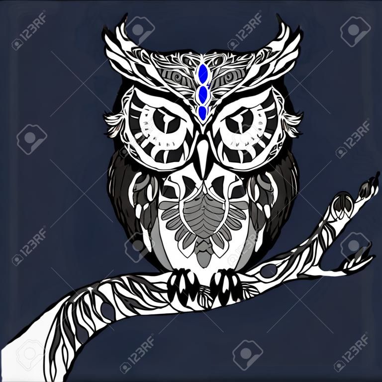 hand drawn owl decorated with vintage ornament