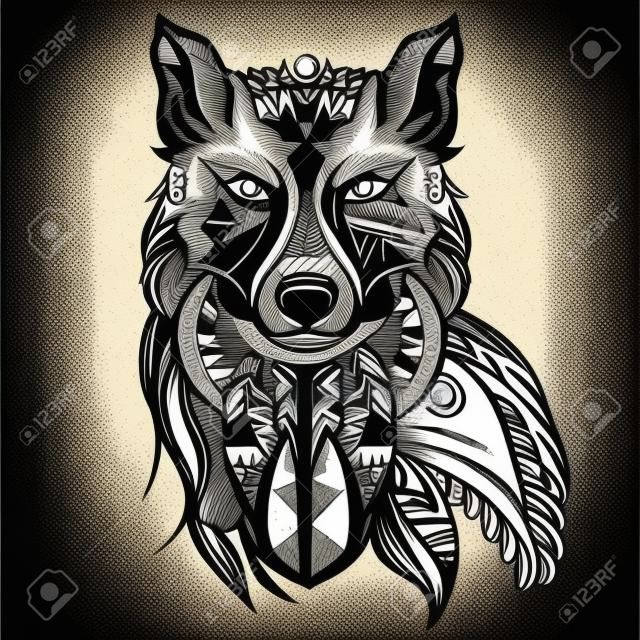 Díszes vintage farkas ragadozó, fekete-fehér tetoválás, díszes retro stílusban. Elszigetelt vektoros illusztráció