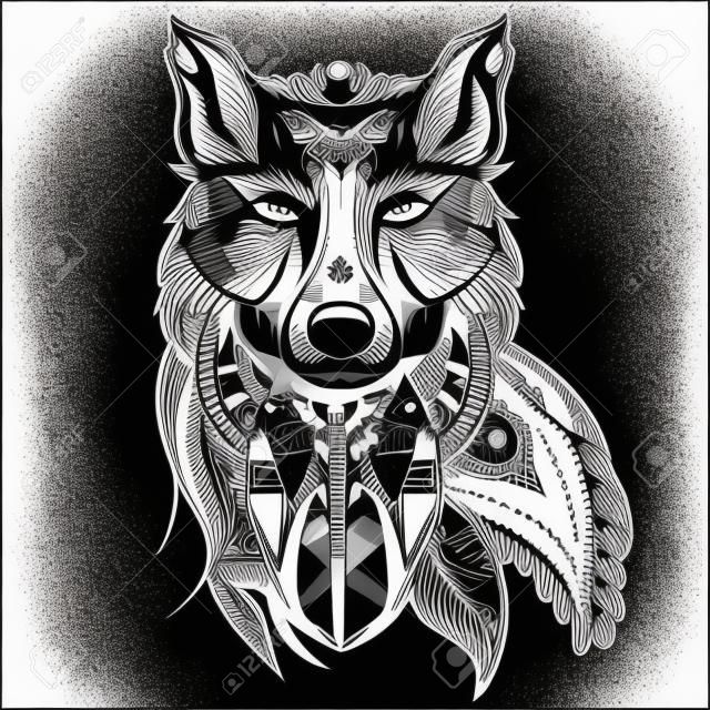 Ozdobne rocznika drapieżnik wilk, tatuaż czarno-biały, dekoracyjny styl retro. Izolowane ilustracji wektorowych