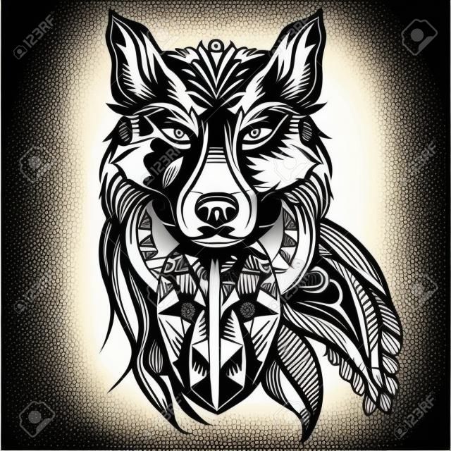 Depredador ornamental vendimia lobo, tatuaje blanco y negro, estilo decorativo retro. Ilustración vectorial aislado