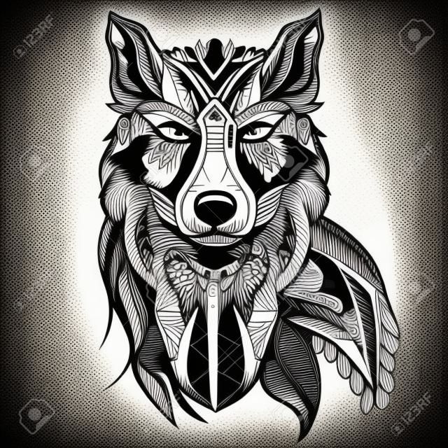 装饰旧货狼捕食者黑白纹身装饰复古风格隔离矢量插图