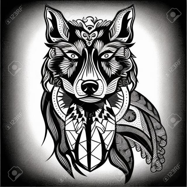 Ornamentali predatore annata lupo, tatuaggio in bianco e nero, stile retrò decorativo. Illustrazione vettoriale isolato