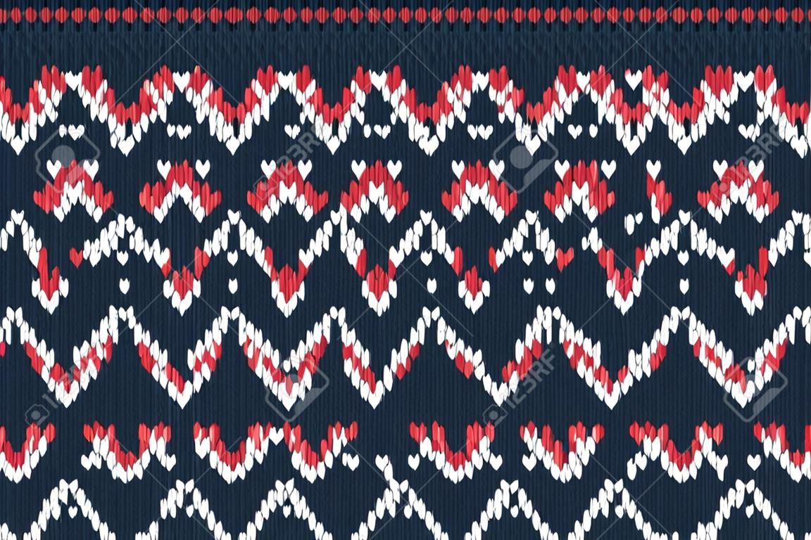 Vector seamless Knitting Pattern in navy blue, red and white colors. Autumn, Christmas and Winter holiday Sweater Design. Fair Isle with purl stitch method. Scheme for plane knitting.
