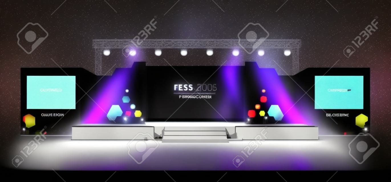 Event Stage design for business conferences, corporate projects presentations, shareholders event or meeting with slides on projection screens.