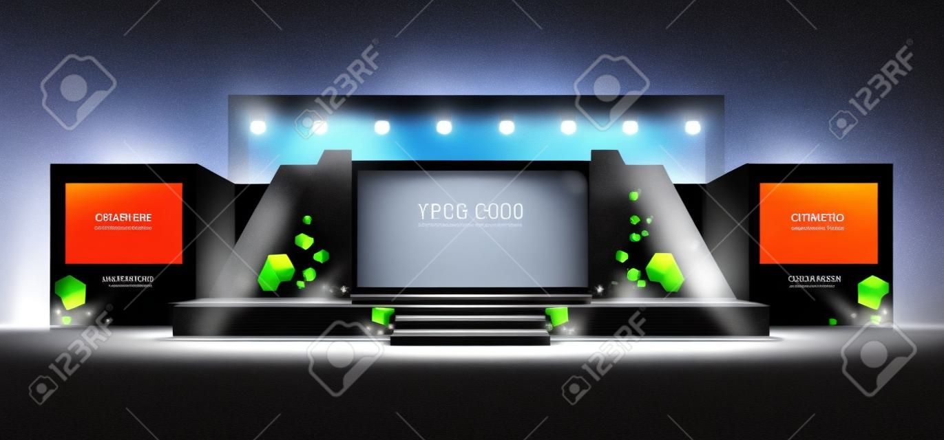 Event Stage design for business conferences, corporate projects presentations, shareholders event or meeting with slides on projection screens.