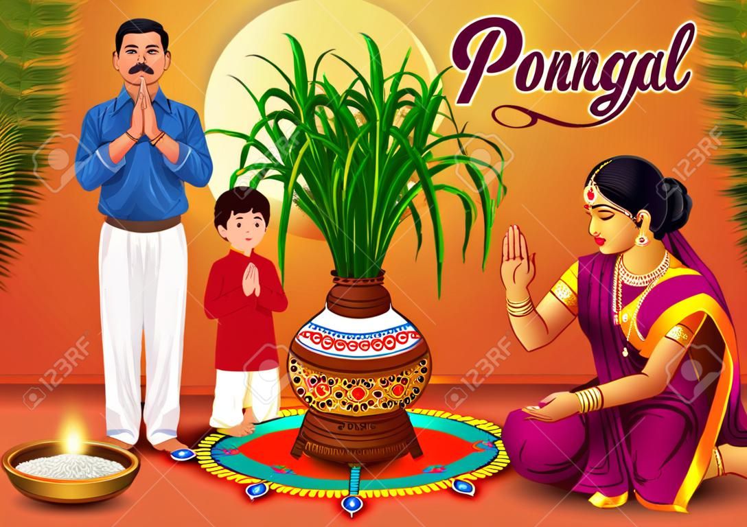 Joyeuse fête de Pongal avec canne à sucre, Rangoli et pot de riz. Famille tamoule offrant des prières. Conception de vecteur d'illustration de concept de célébration de festival culturel indien.