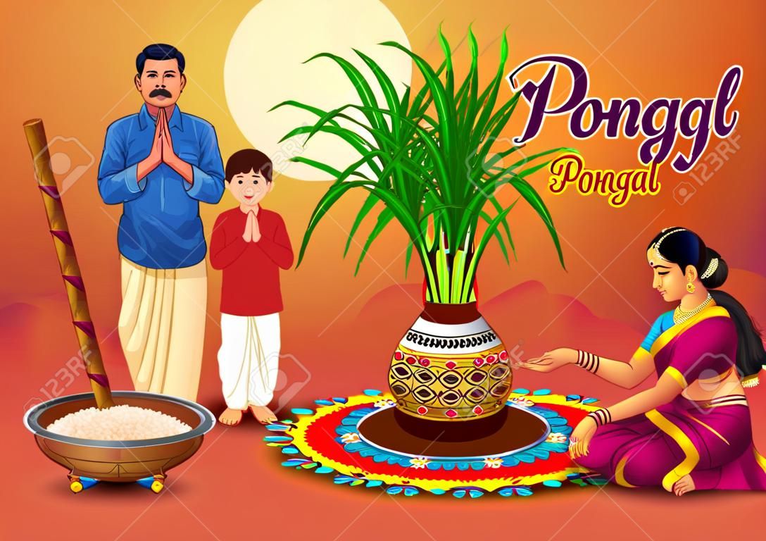 Happy Pongal celebration with sugarcane, Rangoli and pot of rice. Tamil family offering prayers. Indian cultural festival celebration concept illustration vector design.
