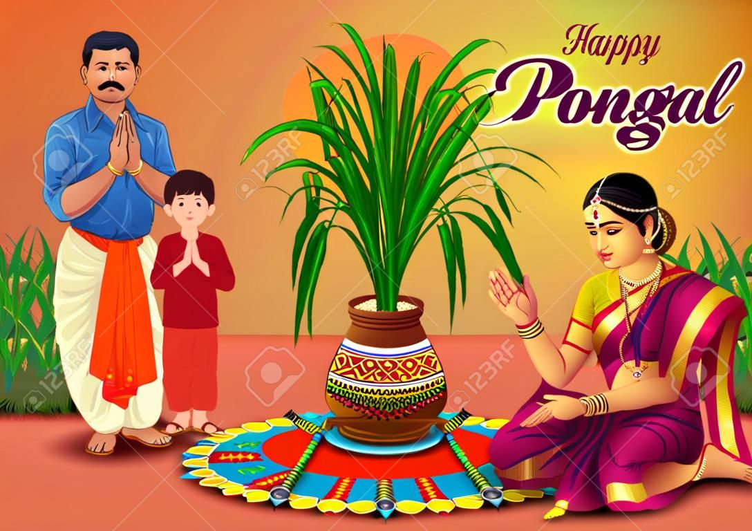 Joyeuse fête de Pongal avec canne à sucre, Rangoli et pot de riz. Famille tamoule offrant des prières. Conception de vecteur d'illustration de concept de célébration de festival culturel indien.