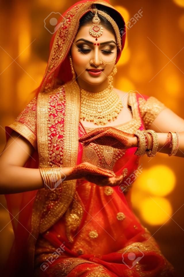 Beautiful young indian woman in traditional clothing with bridal makeup and jewelry 