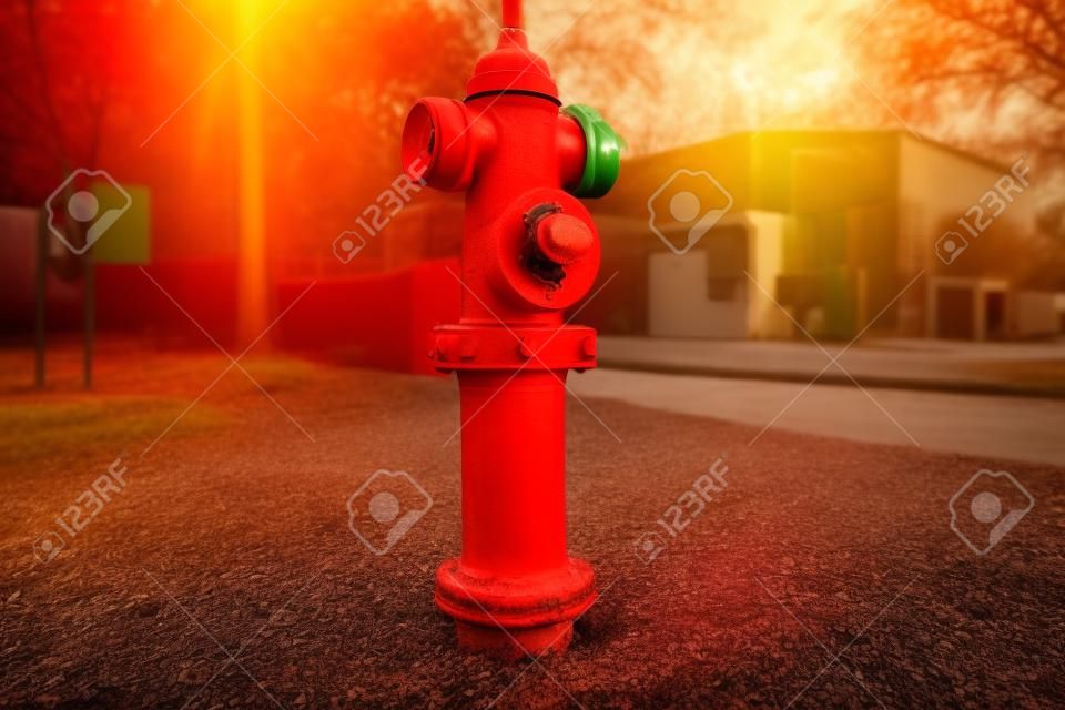 Pojedynczy czerwony hydrant na zielonym trawniku o zachodzie słońca w tle małej fabryki, jesień, wiosna, letni dzień z bliska