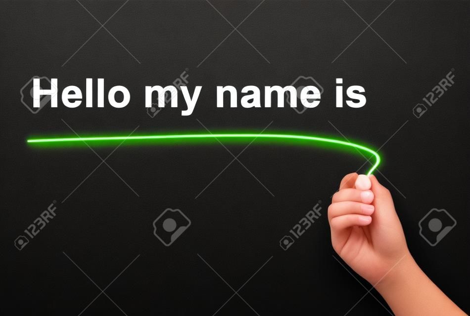 Hello my name is word write on black background by woman hand holding highlighter pen