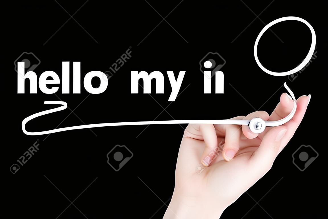 Hello my name is word write on black background by woman hand holding highlighter pen