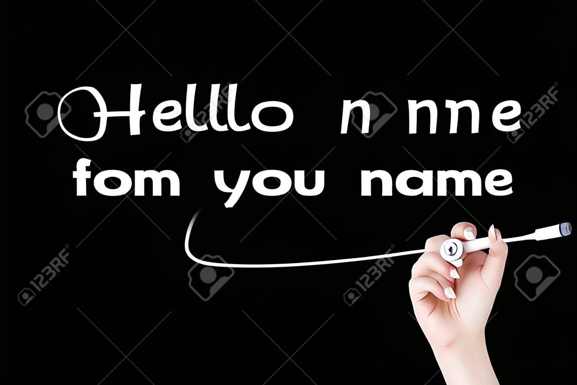 Hallo mein Name ist Wort von Frau Hand auf schwarzem Hintergrund schreiben Highlighter Stift