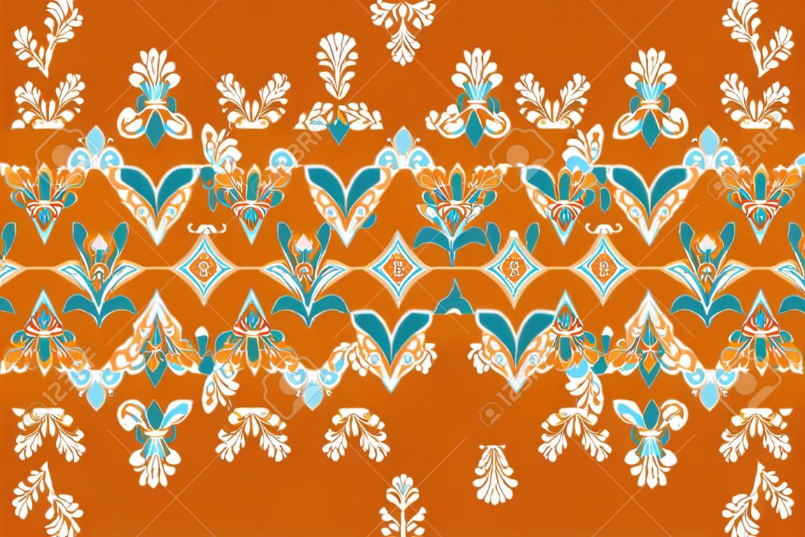 Flor azul em laranja marrom padrão étnico oriental geométrico tradicional Design para fundo, tapete, papel de parede, roupas, embrulho, batik, tecido, ilustração estilo bordado.