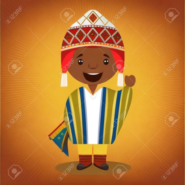 Personagem do Peru vestido da maneira tradicional Ilustração vetorial. Kids of the World Collection.