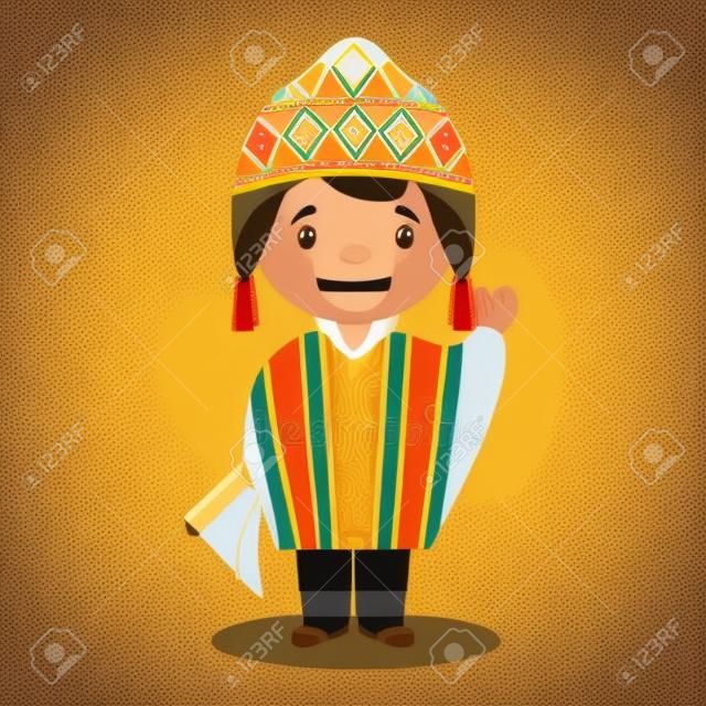Personagem do Peru vestido da maneira tradicional Ilustração vetorial. Kids of the World Collection.