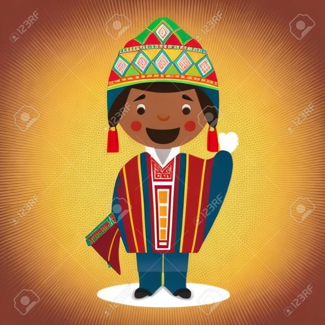 Karaktert Peru öltözött a hagyományos módon vektoros illusztráció. Kids of the World Collection.