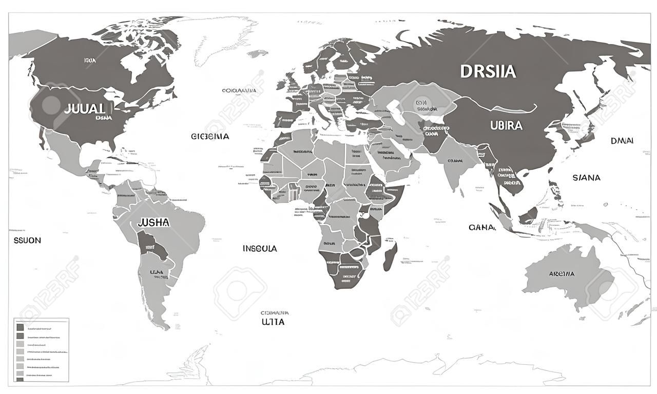 Politieke wereldkaart vector illustratie geïsoleerd op witte achtergrond met landnamen in het Spaans. Bewerkbaar en duidelijk gelabeld lagen.