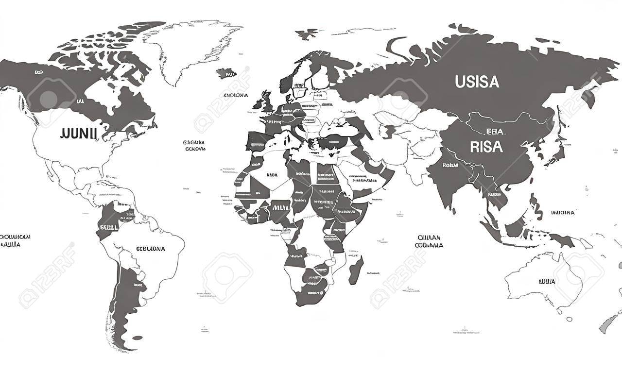 Polityczna mapa świata wektor ilustracja na białym tle z nazwami krajów w języku hiszpańskim. Edytowalne i wyraźnie oznaczone warstwy.