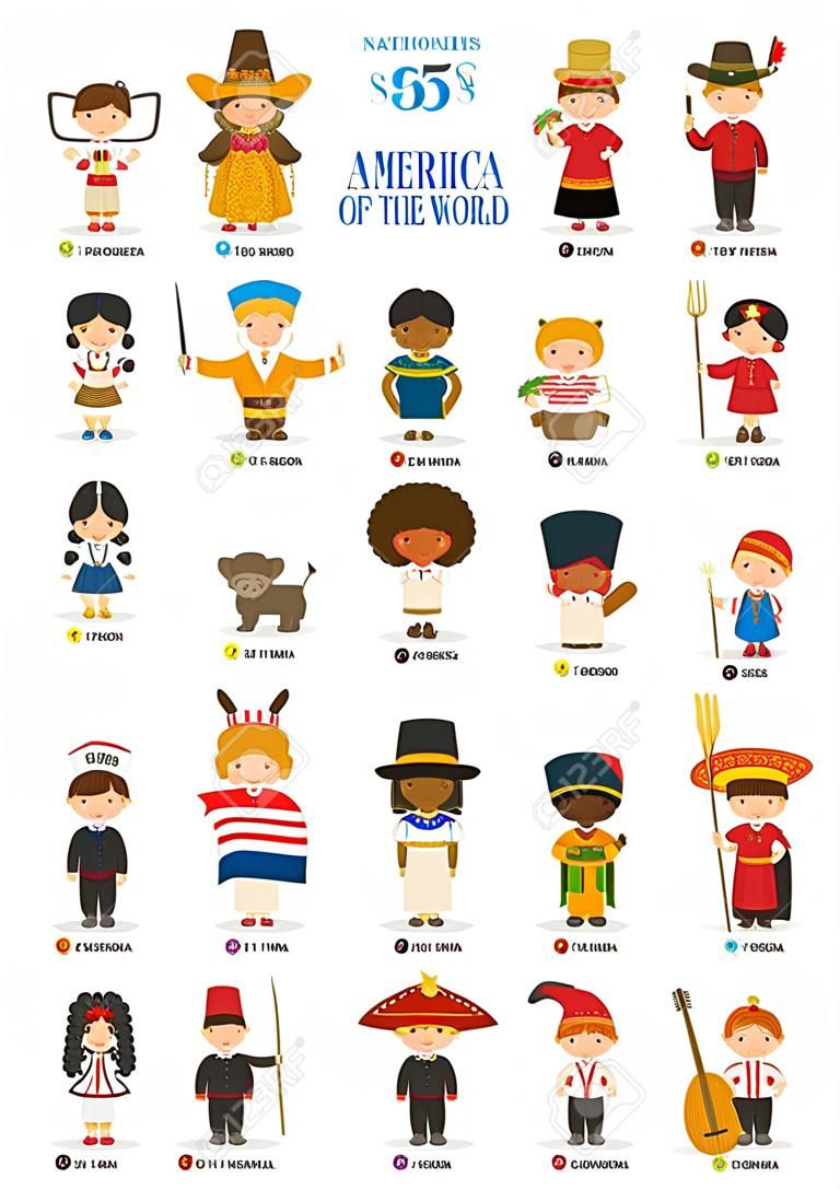 Niños y nacionalidades del vector mundial: América. Conjunto de 25 personajes vestidos con diferentes trajes nacionales.