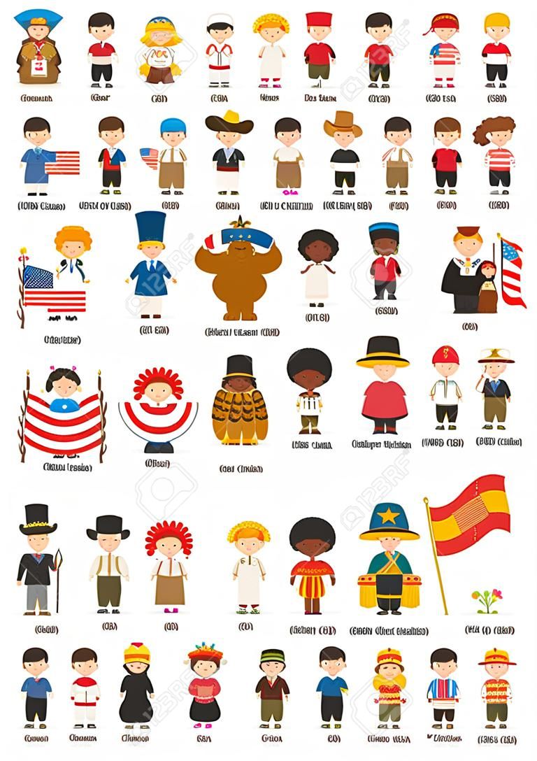 Vetor de crianças e nacionalidades do mundo: América. Conjunto de 25 personagens vestidos com diferentes trajes nacionais.