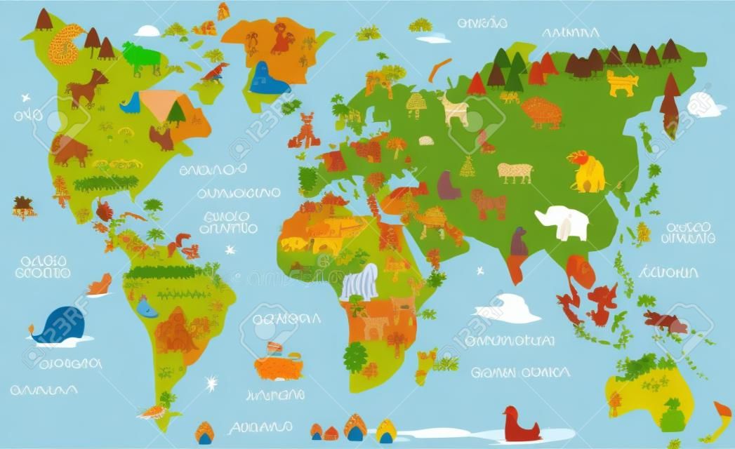 Divertido mapamundi de dibujos animados en español con animales tradicionales de todos los continentes y océanos. Ilustración de vector para educación preescolar y diseño de niños
