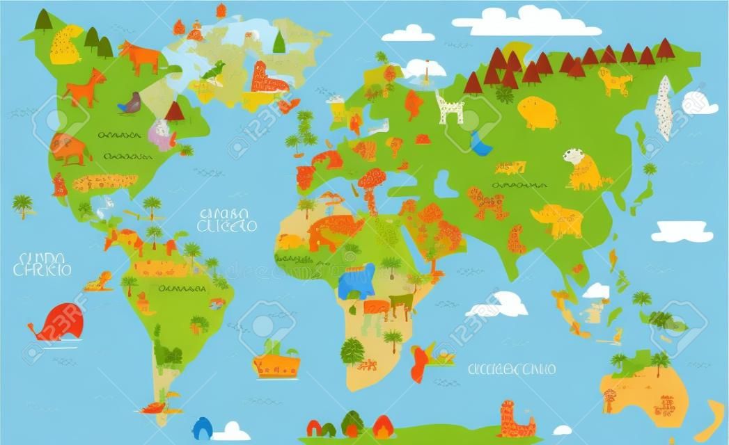 Divertente mappa del mondo dei cartoni animati in spagnolo con animali tradizionali di tutti i continenti e gli oceani. Illustrazione vettoriale per l'istruzione prescolare e il design per bambini