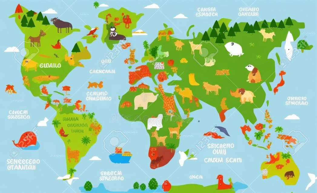 すべての大陸と海の伝統的な動物とスペイン語で面白い漫画の世界地図。就学前教育と子供のデザインのためのベクトルイラスト