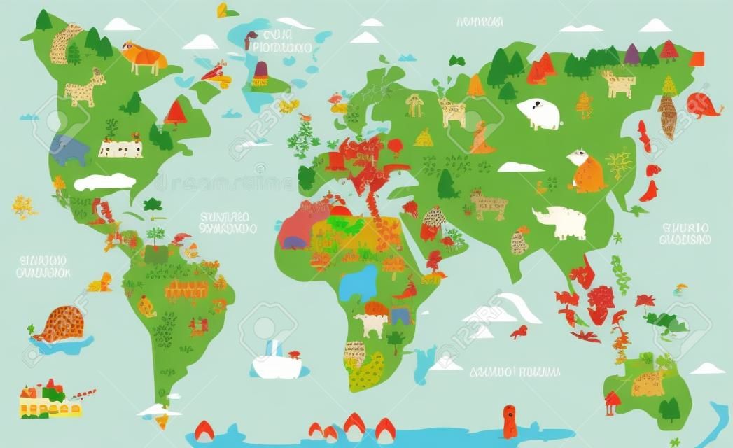 Zabawna mapa świata z kreskówek w języku hiszpańskim z tradycyjnymi zwierzętami ze wszystkich kontynentów i oceanów. ilustracja wektorowa do edukacji przedszkolnej i projektowania dzieci