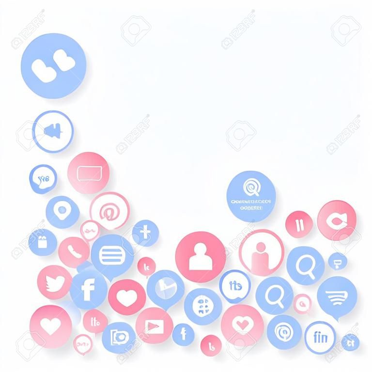 Marketing de mídia social, conceito de rede de comunicação. cones aleatórios tags de serviços de mídia social ligadas no fundo branco. Comentário, amigo, como, compartilhar, alvo, mensagem. Conceito de Internet vetorial.