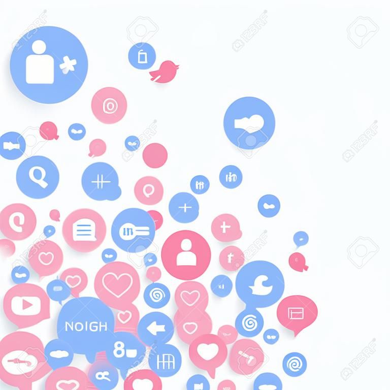 Marketing de mídia social, conceito de rede de comunicação. cones aleatórios tags de serviços de mídia social ligadas no fundo branco. Comentário, amigo, como, compartilhar, alvo, mensagem. Conceito de Internet vetorial.