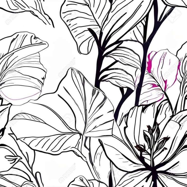 花柄の黒と白のパターン。ピンクの芸術水彩画。輪郭花シームレス面。植物ベクターモチーフ。ファッションのための咲くテクスチャ。抽象リーフを描画します。トレンド熱帯背景。
