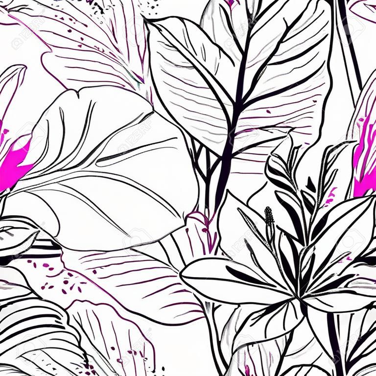 花柄の黒と白のパターン。ピンクの芸術水彩画。輪郭花シームレス面。植物ベクターモチーフ。ファッションのための咲くテクスチャ。抽象リーフを描画します。トレンド熱帯背景。