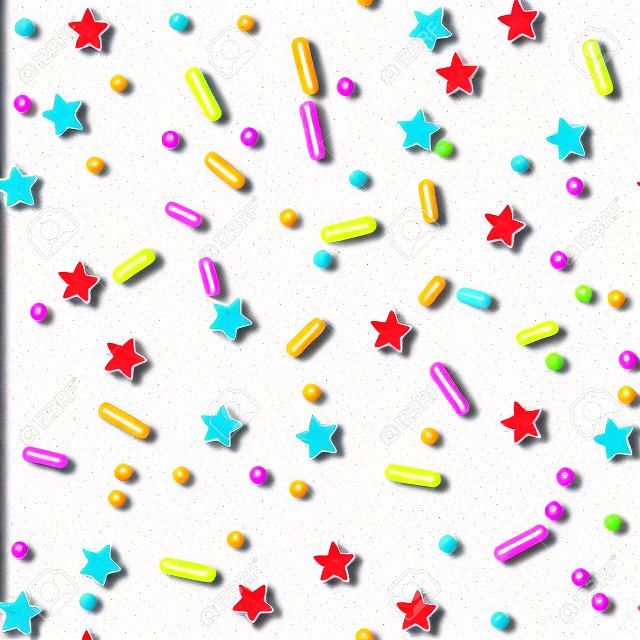Sprinkle Candy. Sprinkles Grainy. Naadloze patroon. Zoete Confetti achtergrond. Candy Dessert Achtergrond. Design Invitation Holiday, Party, Birthday. Leuke Topping patroon.