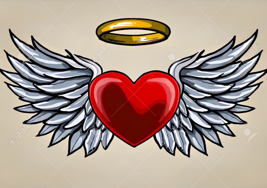 красное сердце с крыльями ангела и гало