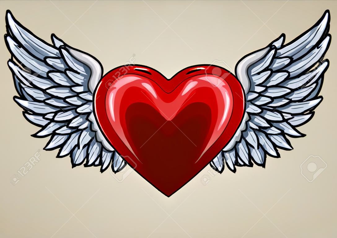 czerwone serce z anielskimi skrzydłami i aureolą