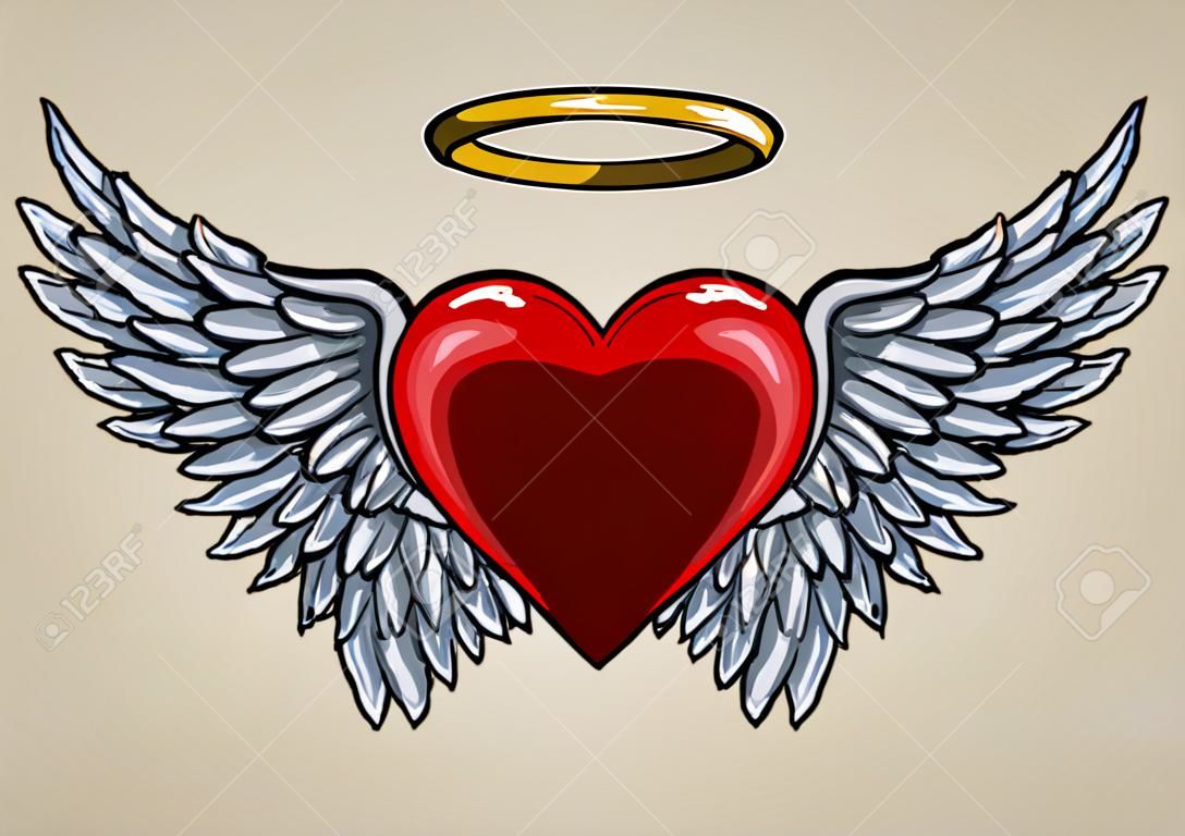 corazón rojo con alas de ángel y aureola