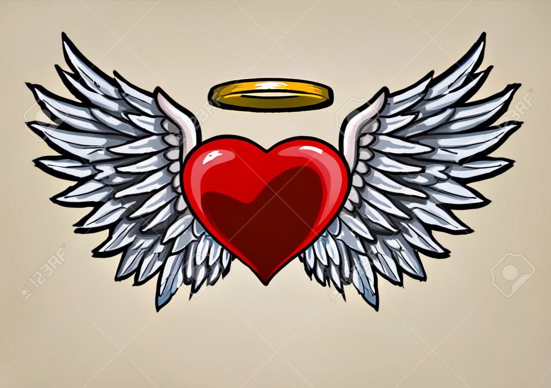 corazón rojo con alas de ángel y aureola